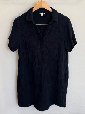 Three Dots Black Gauzy Cotton Short Sleeve Collared Shirt Dress Size Medium